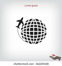 Globe and plane travel vector icon