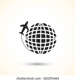 Globe and plane travel vector icon