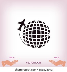 Globe and plane travel vector icon
