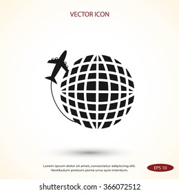 Globe and plane travel vector icon