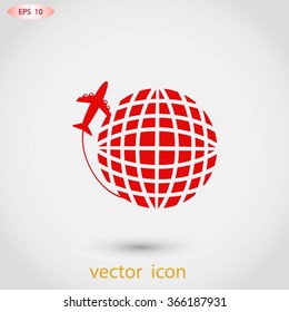 Globe and plane travel vector icon