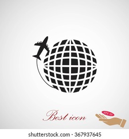 Globe and plane travel vector icon