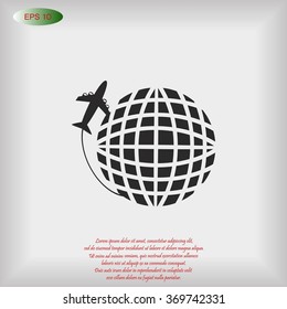Globe and plane travel vector icon