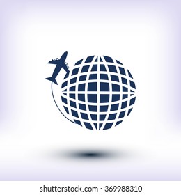 Globe and plane travel vector icon