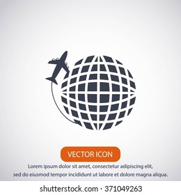Globe and plane travel vector icon