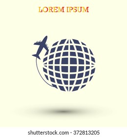 Globe and plane travel vector icon