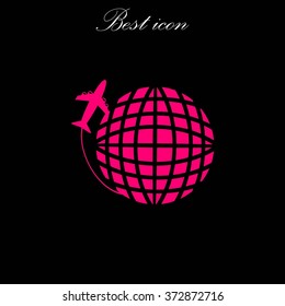 Globe and plane travel vector icon