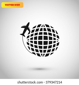 Globe and plane travel vector icon