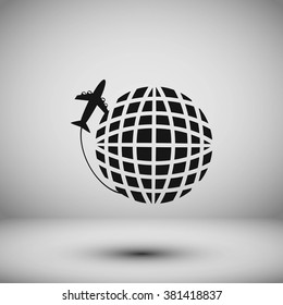 Globe and plane travel vector icon