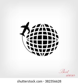 Globe and plane travel vector icon
