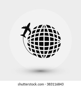 Globe and plane travel vector icon
