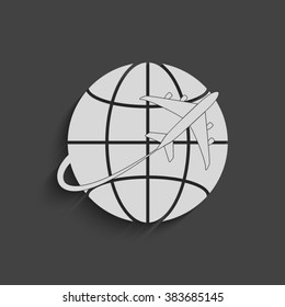 globe and plane travel vector icon with shadow