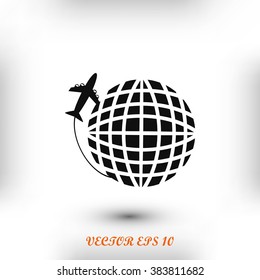 Globe and plane travel vector icon
