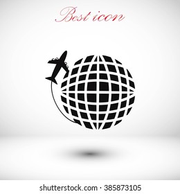 Globe and plane travel vector icon