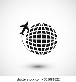 Globe and plane travel vector icon