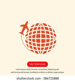 Globe and plane travel vector icon