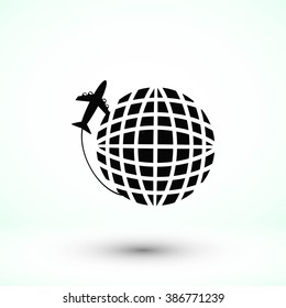 Globe and plane travel vector icon
