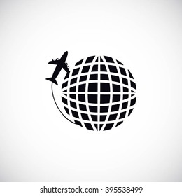 Globe and plane travel vector icon