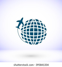 Globe and plane travel vector icon