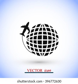 Globe and plane travel vector icon