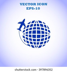 Globe and plane travel vector icon