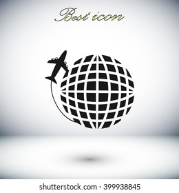 Globe and plane travel vector icon