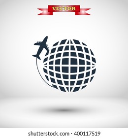 Globe and plane travel vector icon