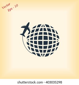 Globe and plane travel vector icon