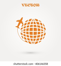 Globe and plane travel vector icon