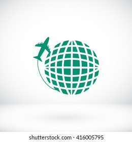 Globe and plane travel vector icon