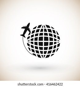 Globe and plane travel vector icon