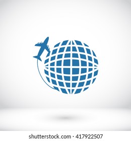 Globe and plane travel vector icon