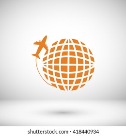 Globe and plane travel vector icon