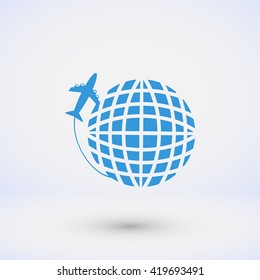 Globe and plane travel vector icon
