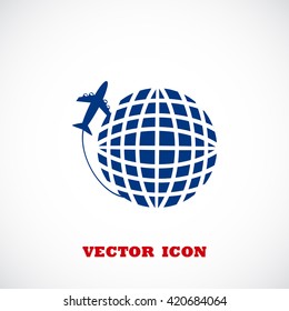 Globe and plane travel vector icon