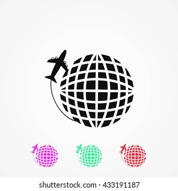 Globe and plane travel vector icon