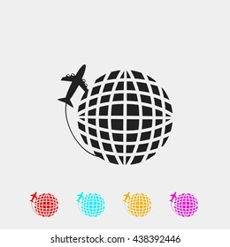 Globe and plane travel vector icon