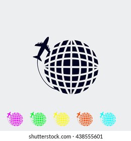 Globe and plane travel vector icon