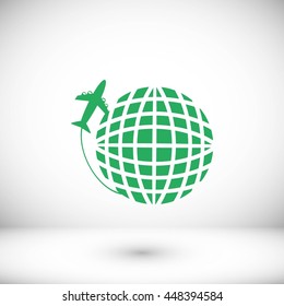 Globe and plane travel vector icon