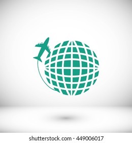 Globe and plane travel vector icon