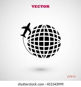 Globe and plane travel vector icon