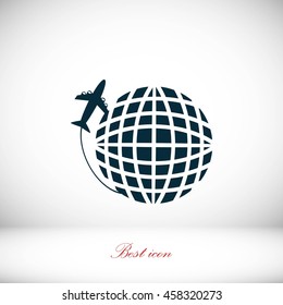 Globe and plane travel vector icon