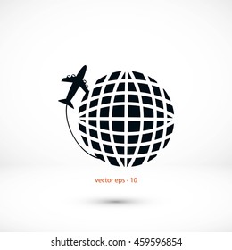 Globe and plane travel vector icon