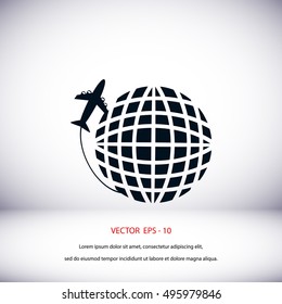 globe and plane travel vector icon, flat design best vector icon