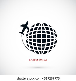globe and plane travel vector icon, flat design best vector icon