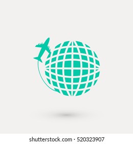 globe and plane travel vector icon, flat design best vector icon