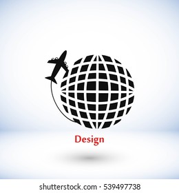 globe and plane travel vector icon, flat design best vector icon