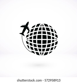 globe and plane travel vector icon, flat design best vector icon