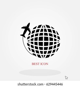 globe and plane travel vector icon, flat design best vector icon