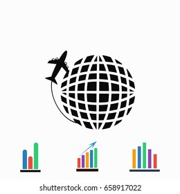 globe and plane travel vector icon, flat design best vector icon